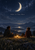 Two seated adults converse across a glowing lantern on a grassy ridge beneath a crescent moon, with stars and mountains behind them.