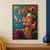 Close portrait of a person with closed eyes beside a hovering hummingbird, framed by bright flowers and green vines on teal.; frame shown for styling only