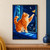 A ginger-and-cream cat reaches toward a golden moth from a blue windowsill under a crescent moon and stars.; frame shown for styling only