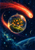 A luminous glass sphere containing a miniature orange tree sits beneath a red-orange comet, with stars and planetary forms against an indigo sky.