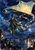 A tightrope performer guides a glowing manta-shaped kite over harbor rooftops and water reflections.