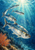 Five silvery fish swimming in a crescent beneath underwater sunbeams, above orange coral.