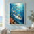 Five silvery fish swimming in a crescent beneath underwater sunbeams, above orange coral.; frame shown for styling only