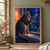 Charcoal-gray cat on a windowsill reaching toward a glowing insect outside, beneath a crescent moon and distant illuminated windows.; frame shown for styling only