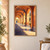 Painterly terracotta arches recede along a covered walkway toward a blue doorway, with sunlight and potted greenery.; frame shown for styling only