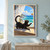 Black cat reaching toward an orange butterfly on a stone ledge beside an open window overlooking turquoise sea.; frame shown for styling only