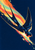 A dark swallow with a pale underside dives diagonally through a multicolored ribbon against a midnight-blue sky.