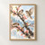 Three sparrows perch and fly among coral-pink flowering branches against a pale blue wash.; frame shown for styling only