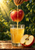 A red-and-gold apple hangs above a glass receiving a stream of juice, beside a cut seeded apple half against leafy greenery.