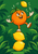 Smiling orange in a leafy cap balances above two lemons as another lemon floats over a leafy green background.