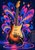 Upright electric guitar surrounded by colorful sound-wave petals and starbursts, with a looping cable and small amplifier.