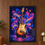 Upright electric guitar surrounded by colorful sound-wave petals and starbursts, with a looping cable and small amplifier.; frame shown for styling only