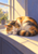 Fluffy calico cat sleeping curled on a sunlit windowsill beside a potted plant, with cool shadows around the window.