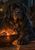 A large black shaggy dog faces forward beside a glowing ember bowl in a dark, warmly lit room.