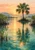 A fan-crowned palm on a small island reflected in a rippling lagoon at dawn, framed by mangrove roots and foreground reeds.