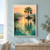 A fan-crowned palm on a small island reflected in a rippling lagoon at dawn, framed by mangrove roots and foreground reeds.; frame shown for styling only