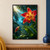 Scarlet-and-gold orchid with rain droplets, a closed bud, glossy leaves, and palm fronds against turquoise sky.; frame shown for styling only