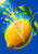 A large split golden lemon with green leaves and an upward spray of juice against a vivid blue background.