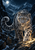 Snow leopard with a curled tail stepping onto a lit rock ledge in a rocky mountain passage beneath a full moon.
