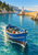 Blue fishing skiff with netting and floats crossing turquoise water toward an ochre quay and small lighthouse.