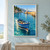 Blue fishing skiff with netting and floats crossing turquoise water toward an ochre quay and small lighthouse.; frame shown for styling only