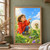 A child in a red-orange coat crouches beside a large dandelion as seeds drift above an open palm.; frame shown for styling only