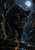 Black panther reaching forward on a wet stone ledge in heavy rain beneath a bright moon.
