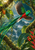 Long-tailed green-and-red bird in flight among tropical foliage, vines, and orange-red fruit clusters.