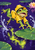 A green frog in a yellow raincoat leaps toward a lily pad over a violet pond with droplets and a pink flower.