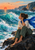 Barefoot woman seated on dark coastal rocks listens toward a large turquoise wave as her cobalt scarf streams in the wind.