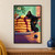 Black cat with amber eyes peeking around a tall stack of pancakes topped with butter, berries and syrup in a mint-green kitchen.; frame shown for styling only