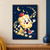 Smiling crowned popcorn character in red-and-white sneakers holding a flashlight, surrounded by kernels, crescent moons and stars on navy.; frame shown for styling only