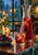 Clear carafe of red drink and citrus beside a short glass and dark cherries on a table by a rain-streaked window.