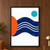 Abstract indigo wave band with three white curved channels, a persimmon semicircle at left, and a turquoise disk above.; frame shown for styling only