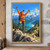 An orange-jacketed hiker raises two trekking poles on a rocky overlook above a turquoise alpine lake and layered mountains.; frame shown for styling only