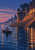 A boatman paddles a narrow skiff across an indigo river beside broad stone steps and warmly lit arches at twilight.
