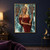Silver-haired adult elf in a crimson gown among blue and teal faceted panels with contrasting reflected profile views.; frame shown for styling only