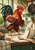 Red-and-dark-feathered rooster on a flour-dusted kitchen counter beside a tipped striped bowl and airborne flour.