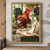 Red-and-dark-feathered rooster on a flour-dusted kitchen counter beside a tipped striped bowl and airborne flour.; frame shown for styling only