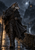 A cloaked wolf-headed wanderer holds a walking stick on a wet stone bridge, facing a moonlit castle with an amber-lit window.