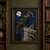 A black raven holds a small key in its beak while standing on cracked stonework with a triangular gnomon, fern and moonlit trees.; frame shown for styling only