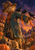 Friendly patched scarecrow in a teal coat with three black crows perched on its extended arm among pumpkins and market bunting at dusk.