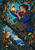 Woman in a blue jacket and rust scarf holds a glowing lantern while inspecting a red apple in a tree; a fox looks up from a lower branch.