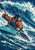 Helmeted kayaker in a coral-orange jacket with a double-bladed paddle amid a curling blue wave, above a turquoise kayak.