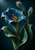 Sculptural blue trumpet flower with curling green leaves and two smaller upright flower forms against a dark teal background.