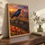 Blue-black crow holding a red autumn leaf on a mossy stone wall above windfall apples, with orchard rows in a copper sunset.; frame shown for styling only