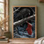 Black raven on a snowy branch holding a red thread connected to a knitted mitten on a lower twig, with a dark winter forest and stream behind.; frame shown for styling only