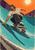 Adult skateboarder in a white shirt and dark trousers carving across a turquoise concrete bowl beneath a large orange sun, with two distant skaters.