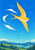 Golden swallow with a forked tail banking through a cobalt-to-aqua sky, looping white cloud trail, wind marks, distant hills, and a narrow lake.