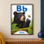 Educational poster showing a black bear balancing a blue berry on its paw, a bee nearby, large B and b letters above, and “bear” below.; frame shown for styling only